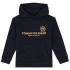Boys Navy Blue Logo Hooded Top, 1, hi-res