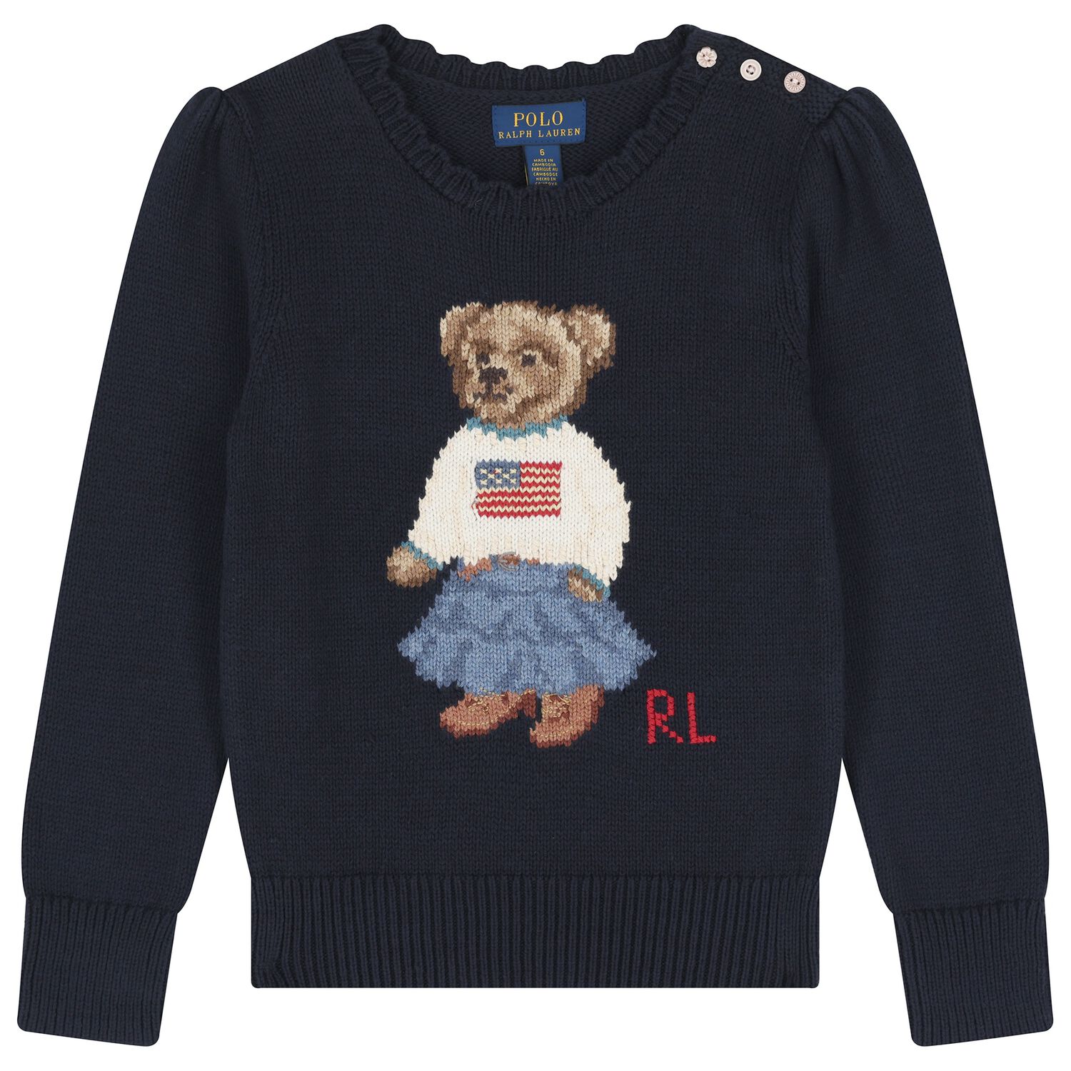 Girls Navy Blue Polo Bear Knitted Jumper, 1, hi-res