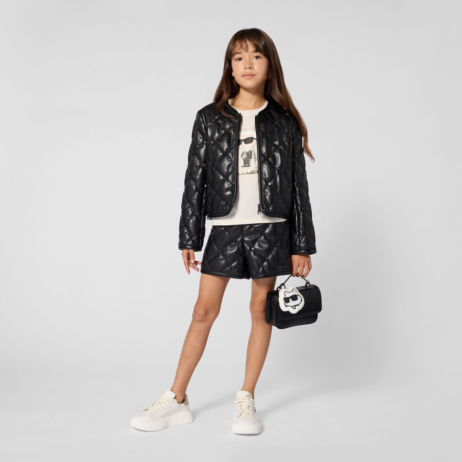 Girls Black Quilted Faux Leather Shorts, 1, hi-res
