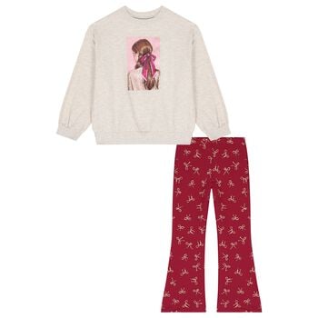Girls Beige & Burgundy Leggings Set