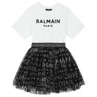Girls White & Black Logo Dress, 1, hi-res