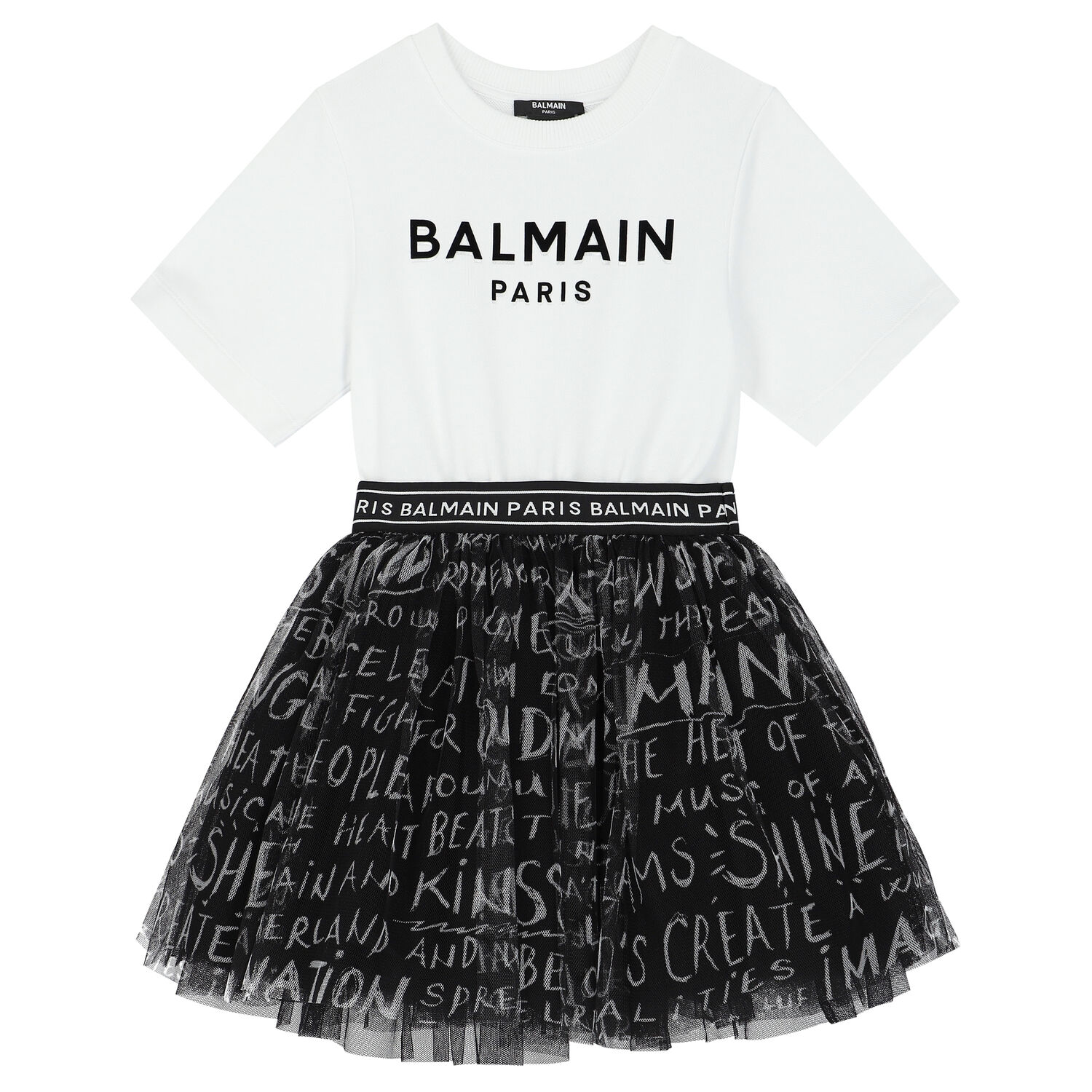 Girls White & Black Logo Dress, 1, hi-res