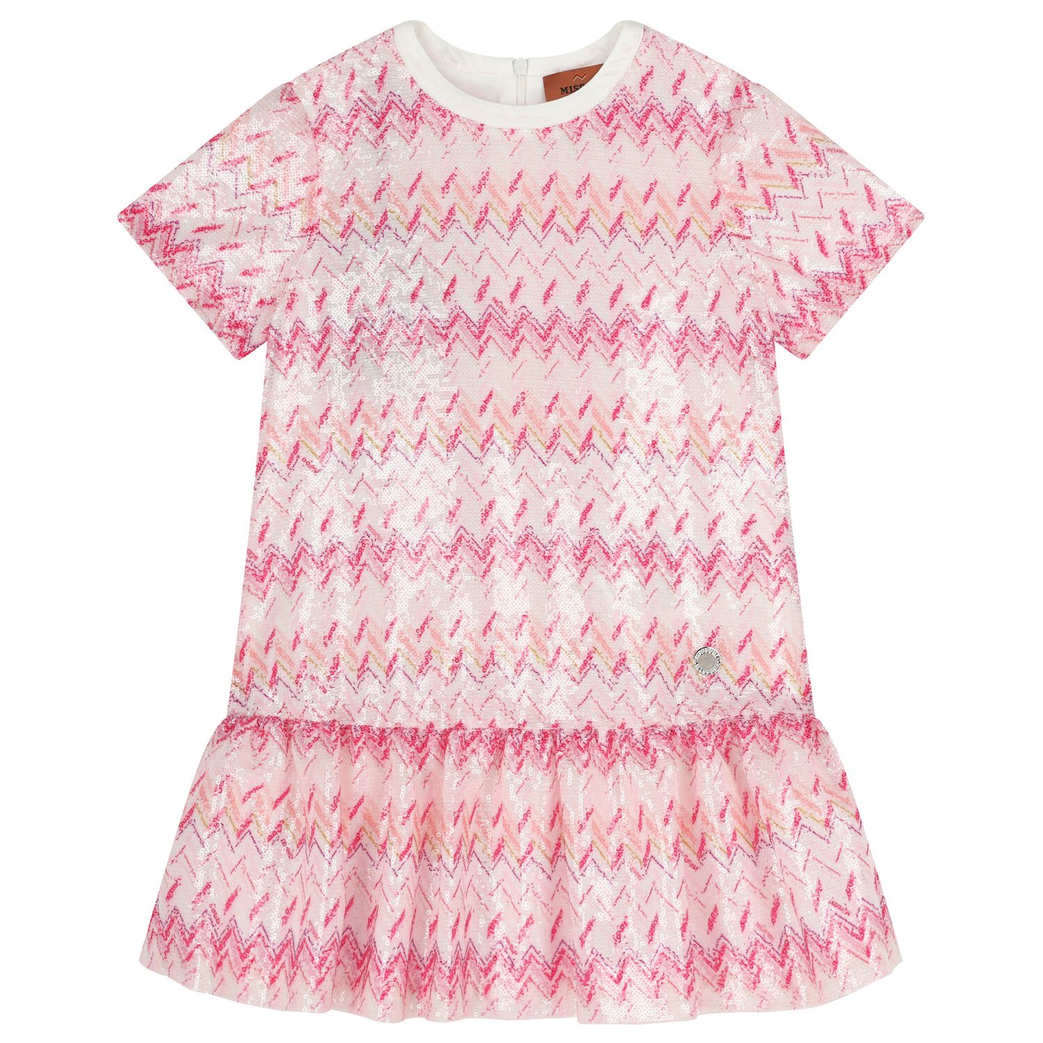 Girls White & Pink Zig Zag Embellished Sequin Dress, 1, hi-res