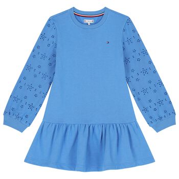 Girls Blue Logo Broderie Anglaise Dress