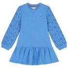 Girls Blue Logo Broderie Anglaise Dress, 1, hi-res