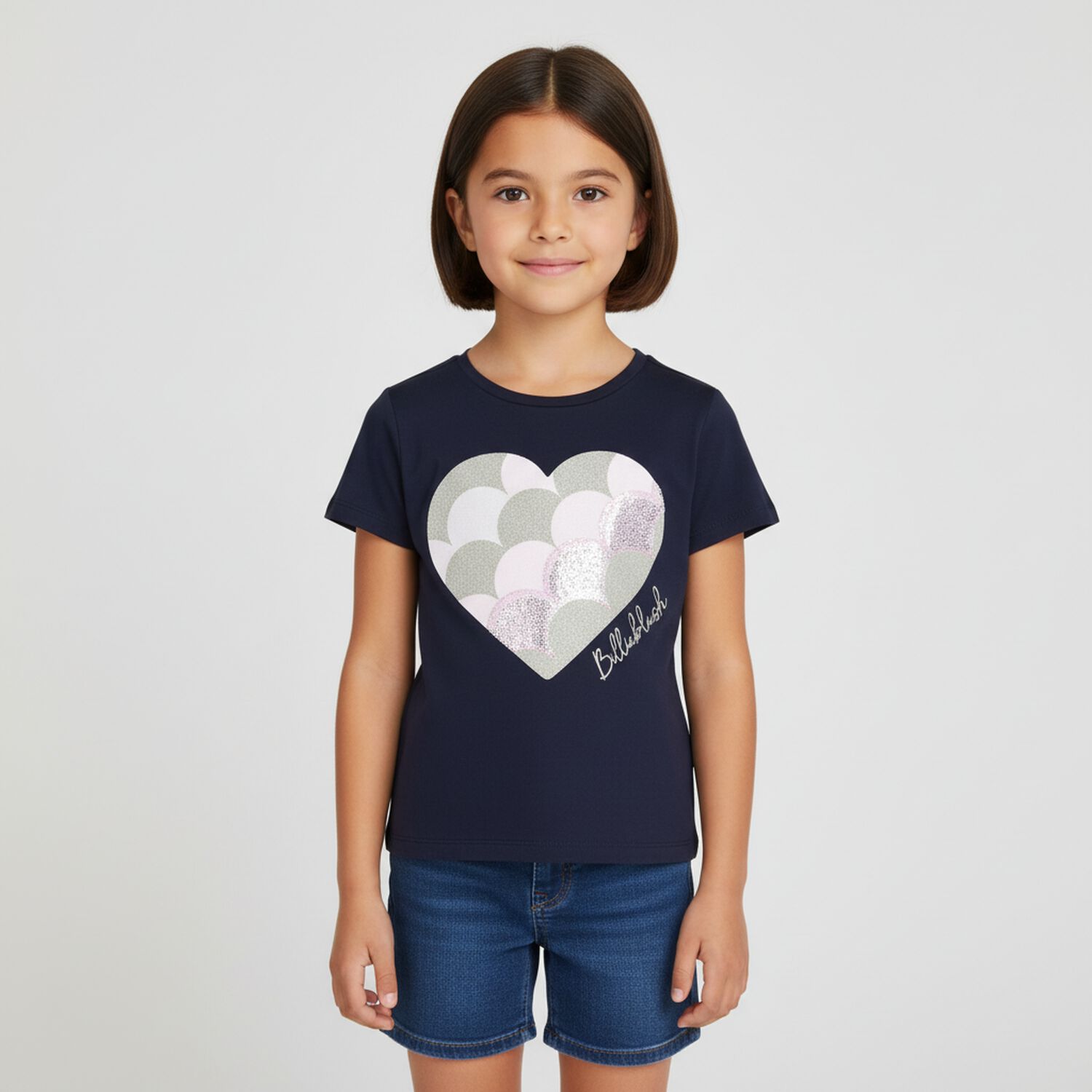 Girls Navy Blue Logo Heart T-Shirt, 2, hi-res image number null