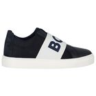 Boys Navy Blue Leather Trainers, 1, hi-res