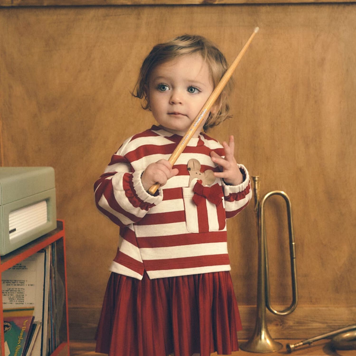 Younger Girls Red & Ivory Striped Dress, 1, hi-res