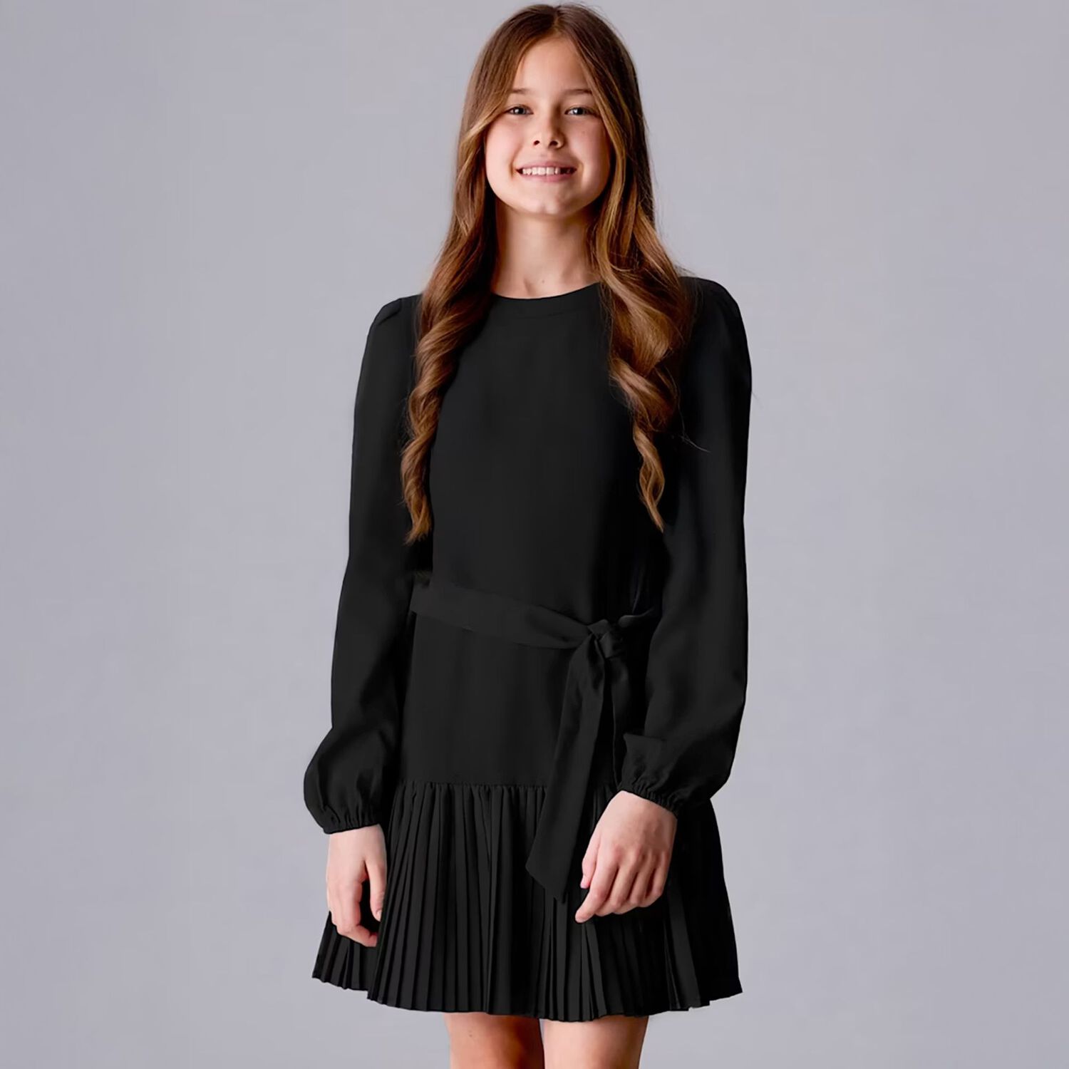 Girls Black Pleated Dress, 2, hi-res