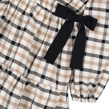 Girls Ivory & Black Bow Checkered Dress