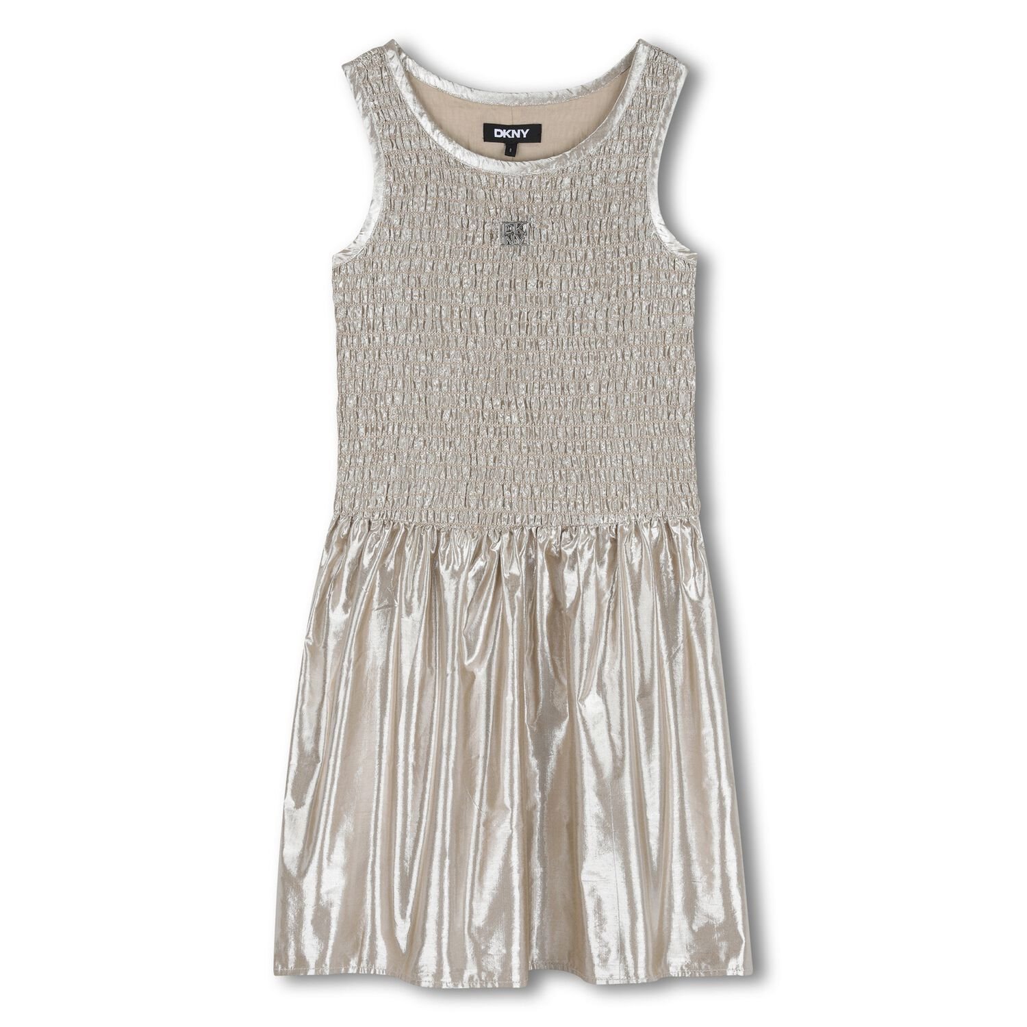 Girls Metallic Gold Logo Ruched Dress, 1, hi-res