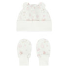 Baby Girls Ivory & Pink Hat & Mittens Set, 1, hi-res