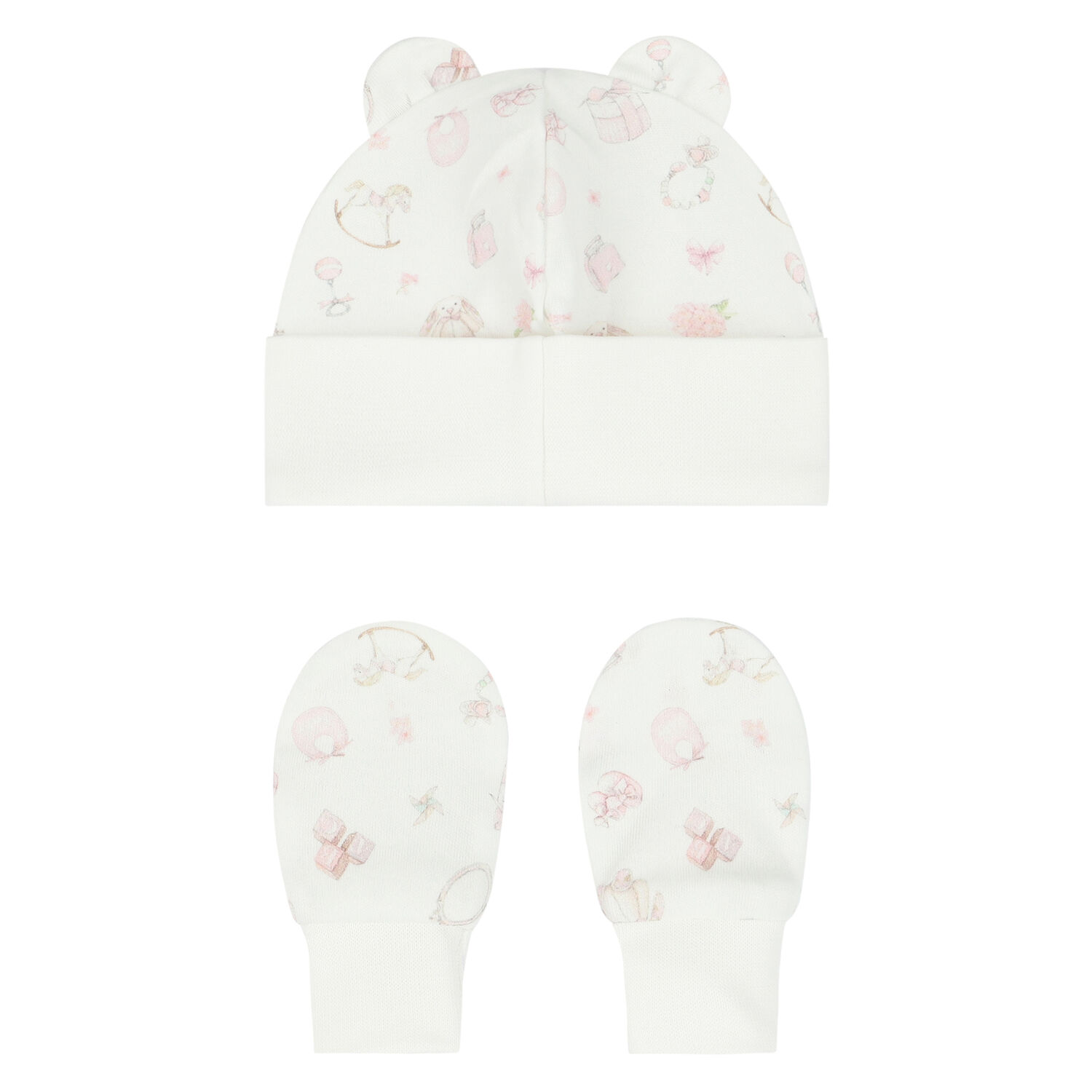 Baby Girls Ivory & Pink Hat & Mittens Set, 1, hi-res