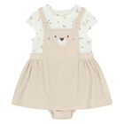 Baby Girls Beige & Ivory Teddy Bear Dungaree Dress Set, 1, hi-res