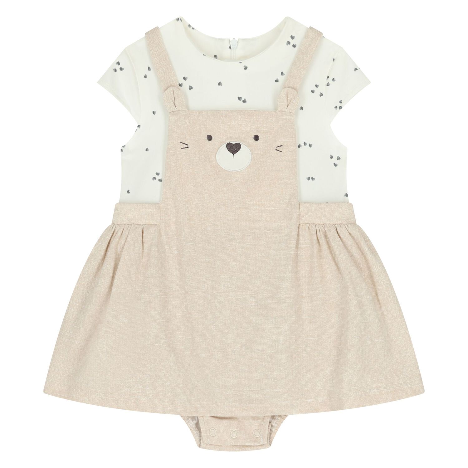 Baby Girls Beige & Ivory Teddy Bear Dungaree Dress Set, 1, hi-res