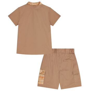Boys Beige Geo Map Logo Shorts Set