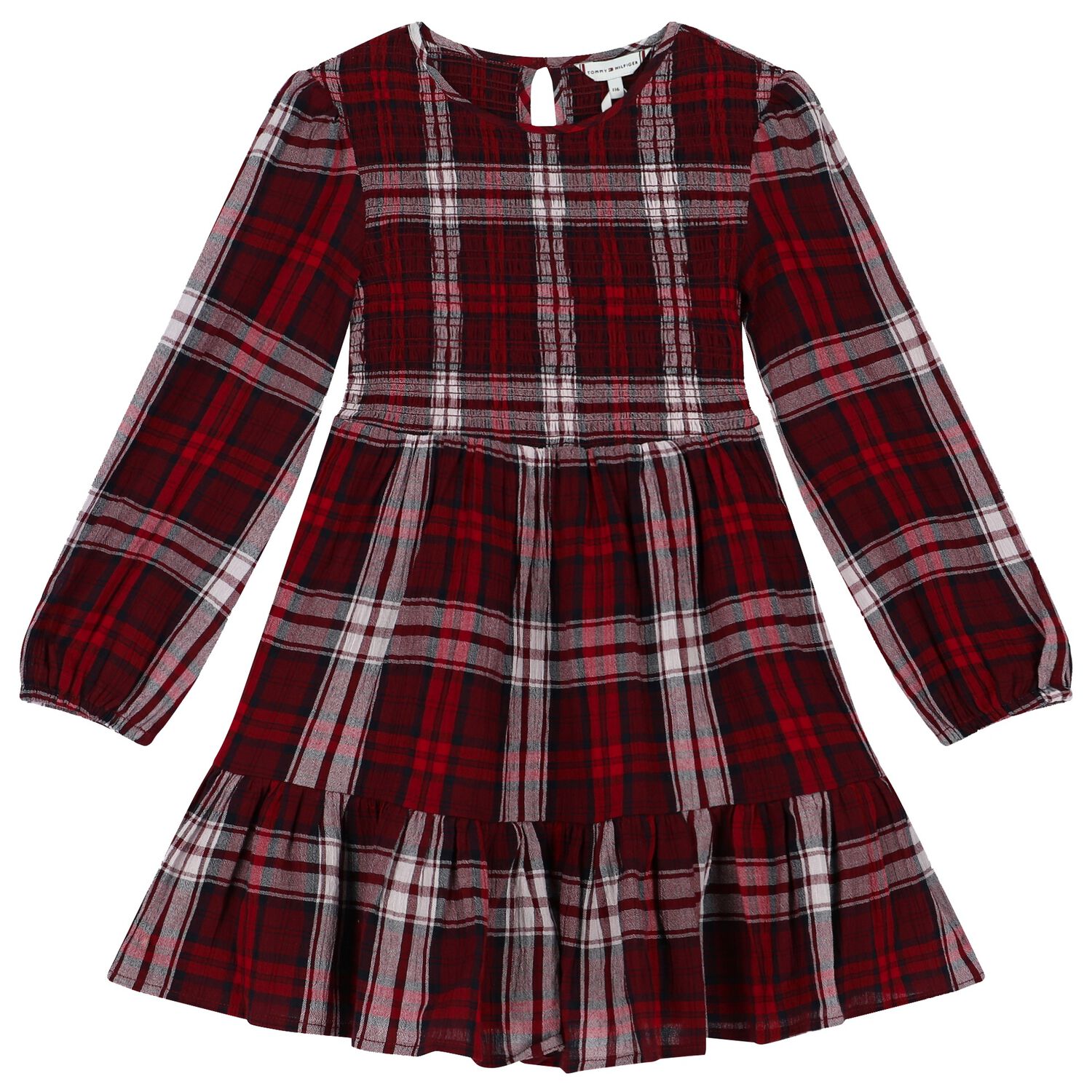 Girls Red Tartan Long Sleeve Dress, 1, hi-res