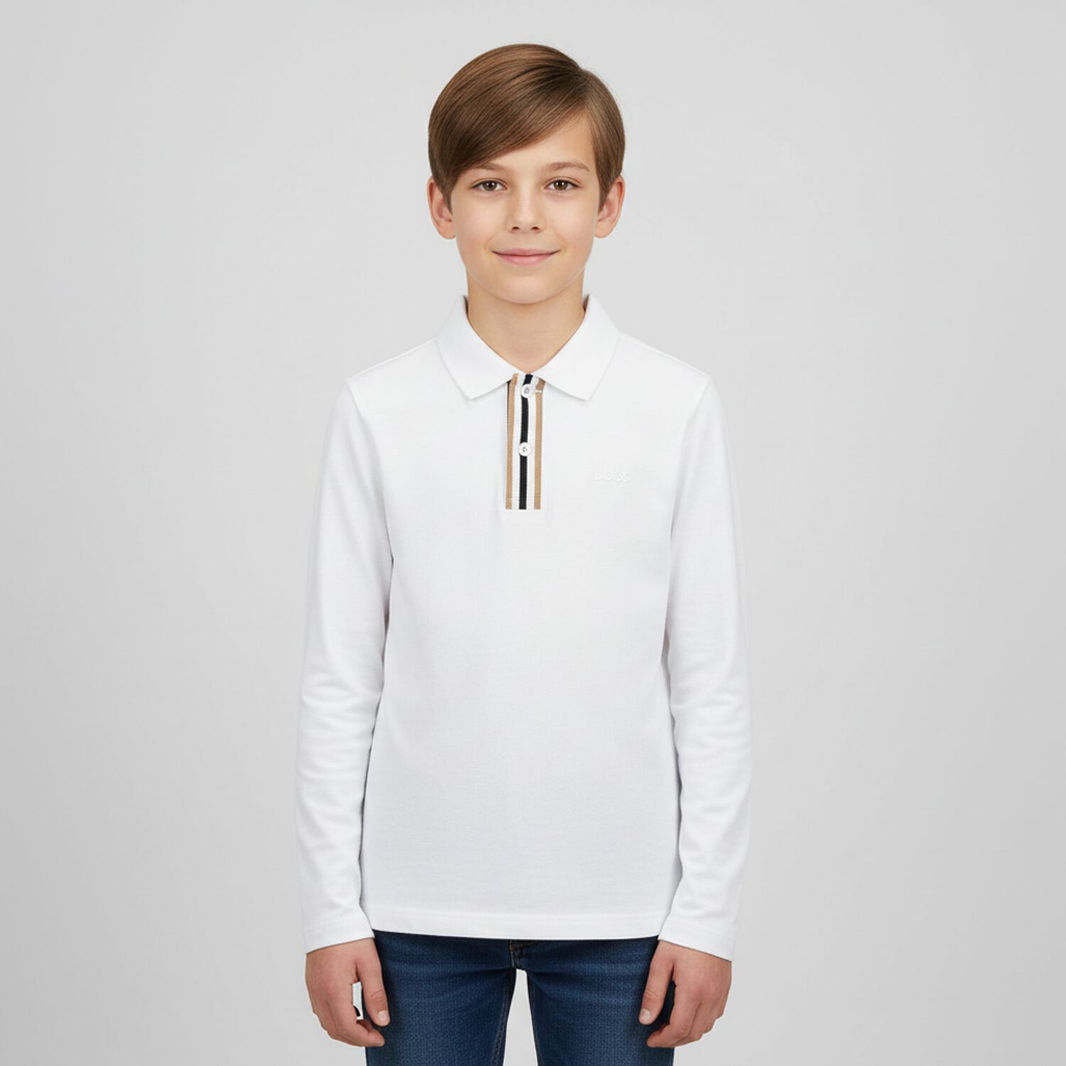 Boys White Logo Long Sleeve Polo Shirt, 2, hi-res