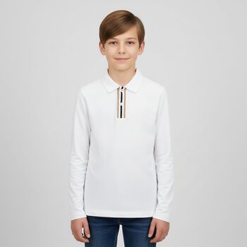 Boys White Logo Long Sleeve Polo Shirt