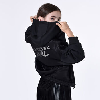 Girls Black Satin Logo Hooded Zip Up Top