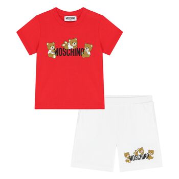 Younger Red & White Teddy Bear Logo Shorts Set