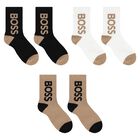 Boys Black & Beige Logo Socks, 1, hi-res