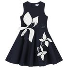 Girls Navy Blue & White Satin Floral Dress, 2, hi-res