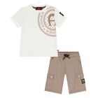 Younger Boys Ivory & Beige Logo Shorts Set, 1, hi-res