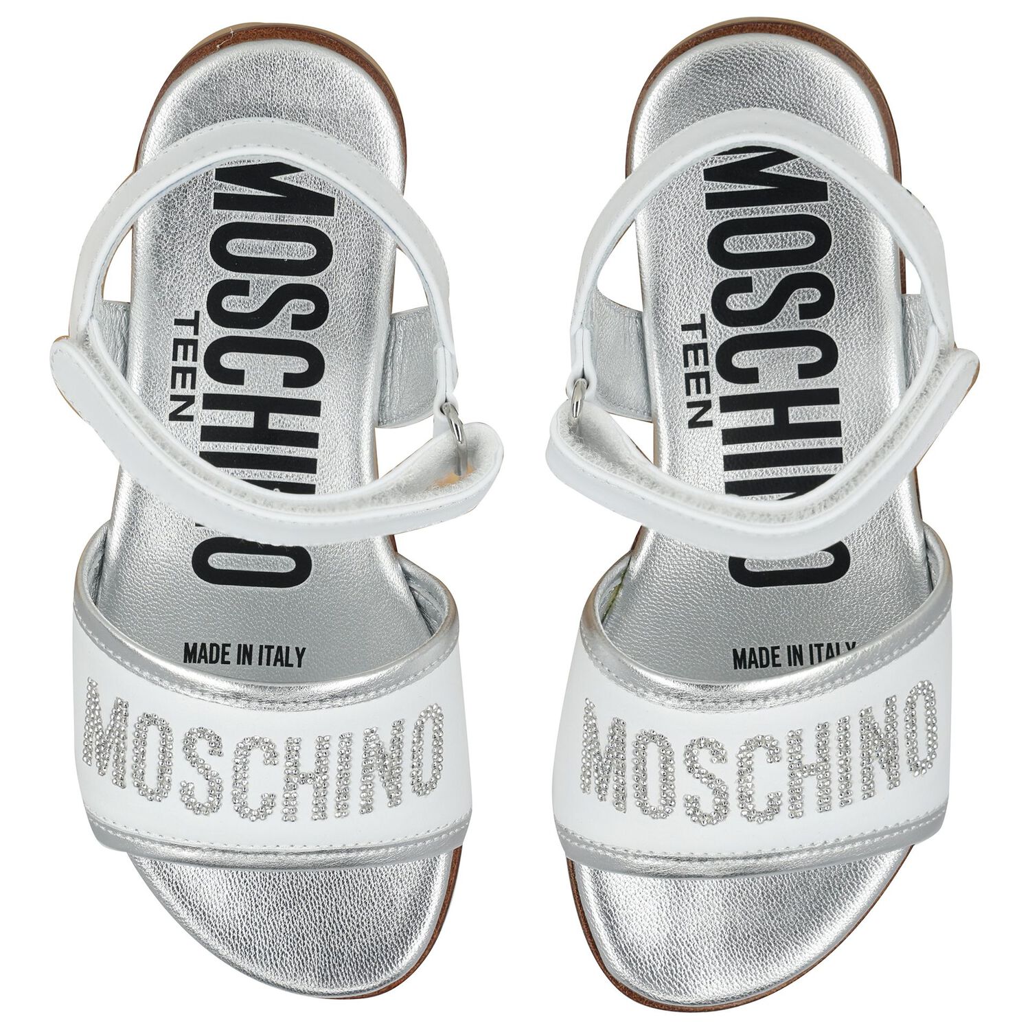 Girls White & Silver Leather Logo Sandals , 1, hi-res