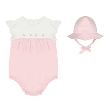 Baby Girls White & Pink Romper & Hat Set