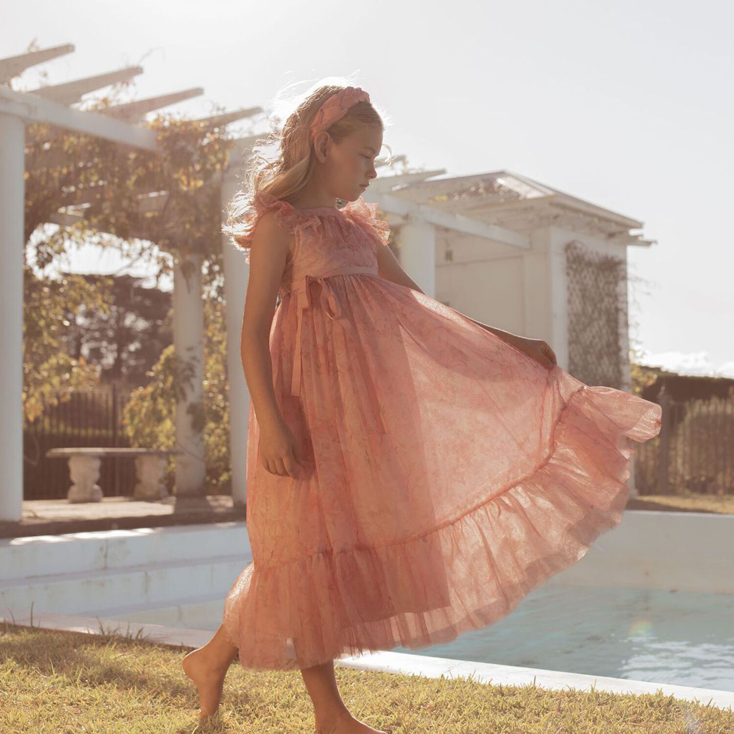 Girls Pink Peony Tulle Dress, 1, hi-res