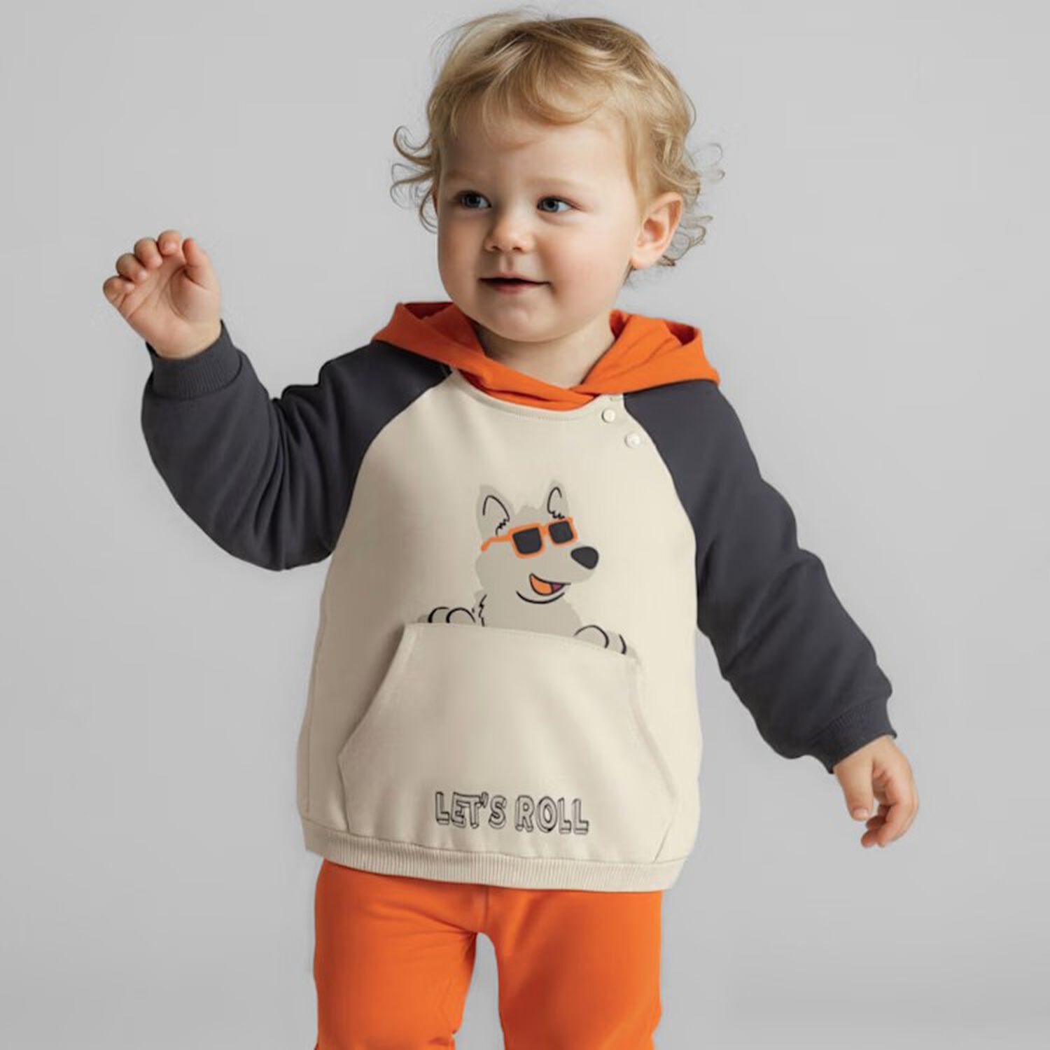 Younger Boys Beige, Grey & Orange 3 Piece Tracksuit, 1, hi-res