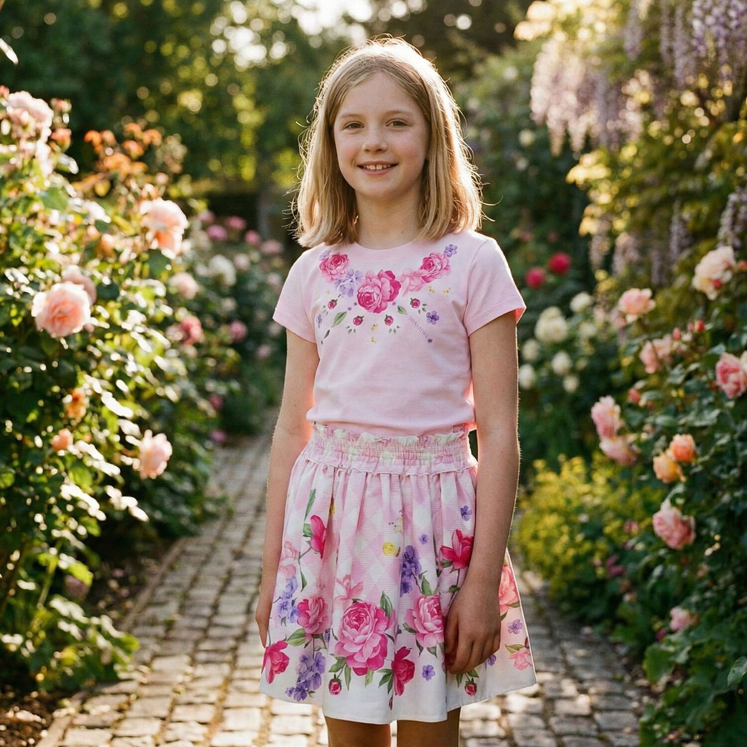 Girls Pink & White Floral Skirt Set, 1, hi-res