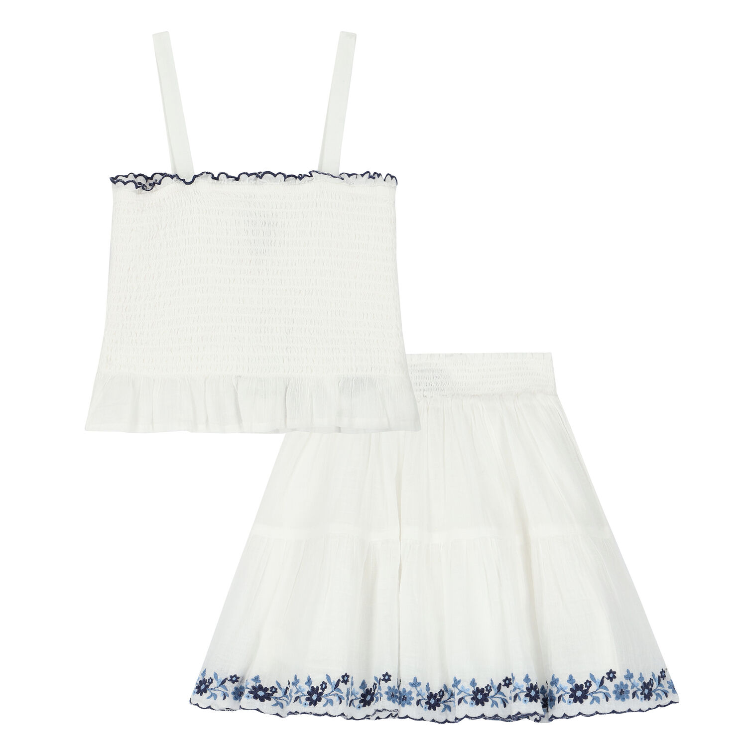 Girls White & Blue Smocked Skirt Set, 1, hi-res