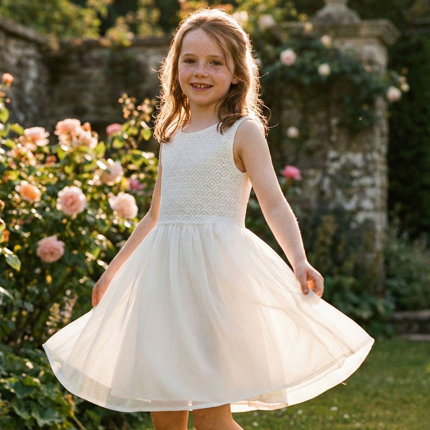 Girls White Lace Dress, 1, hi-res