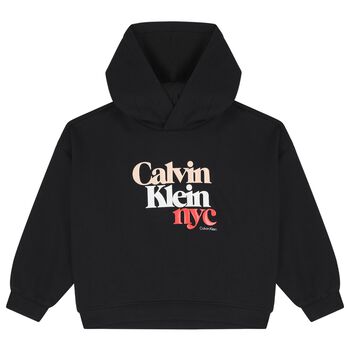Girls Black Logo Hooded Top