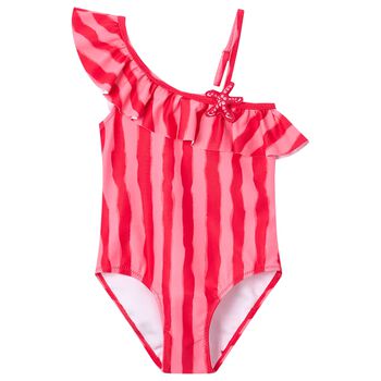 Girls Red & Pink Striped Swimsuit