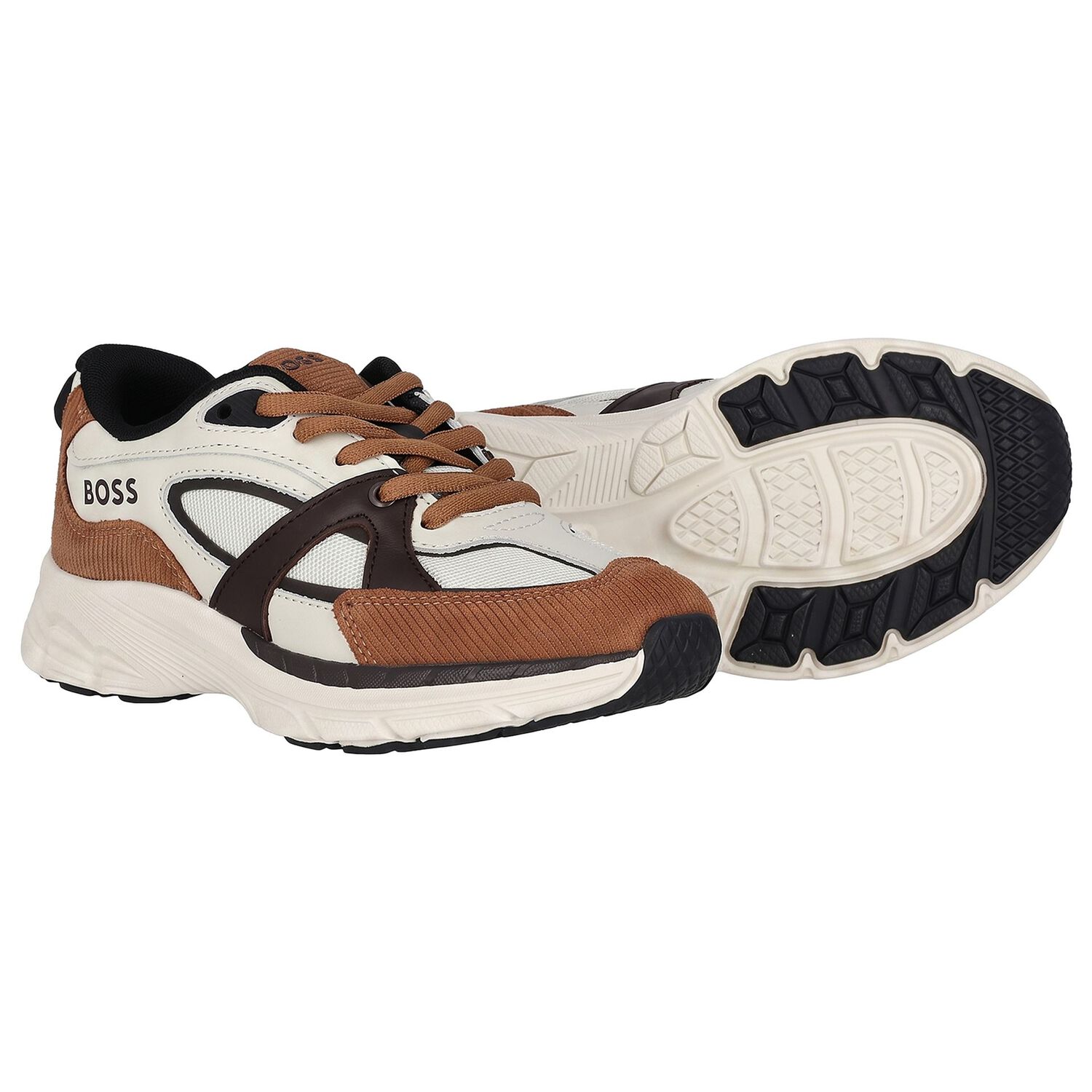 Boys White & Beige Logo Leather Trainers, 1, hi-res