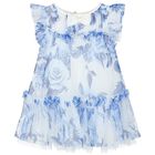 Baby Girls White & Blue Floral Tulle Dress, 1, hi-res