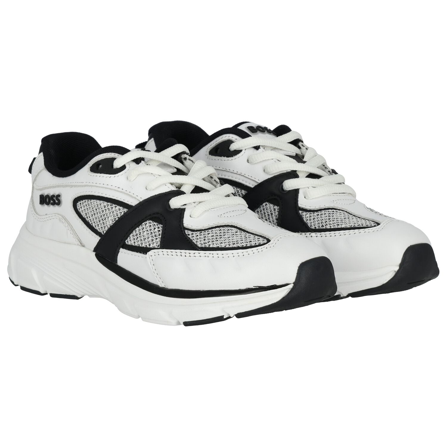 Boys White & Black Logo Leather Trainers, 1, hi-res