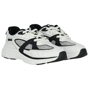 Boys White & Black Logo Leather Trainers