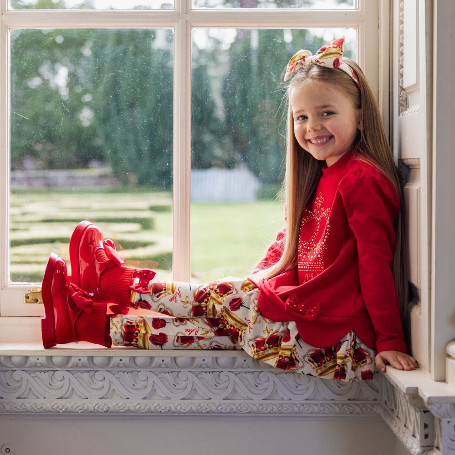 Girls Red & Ivory Crown Leggings Set, 1, hi-res image number null