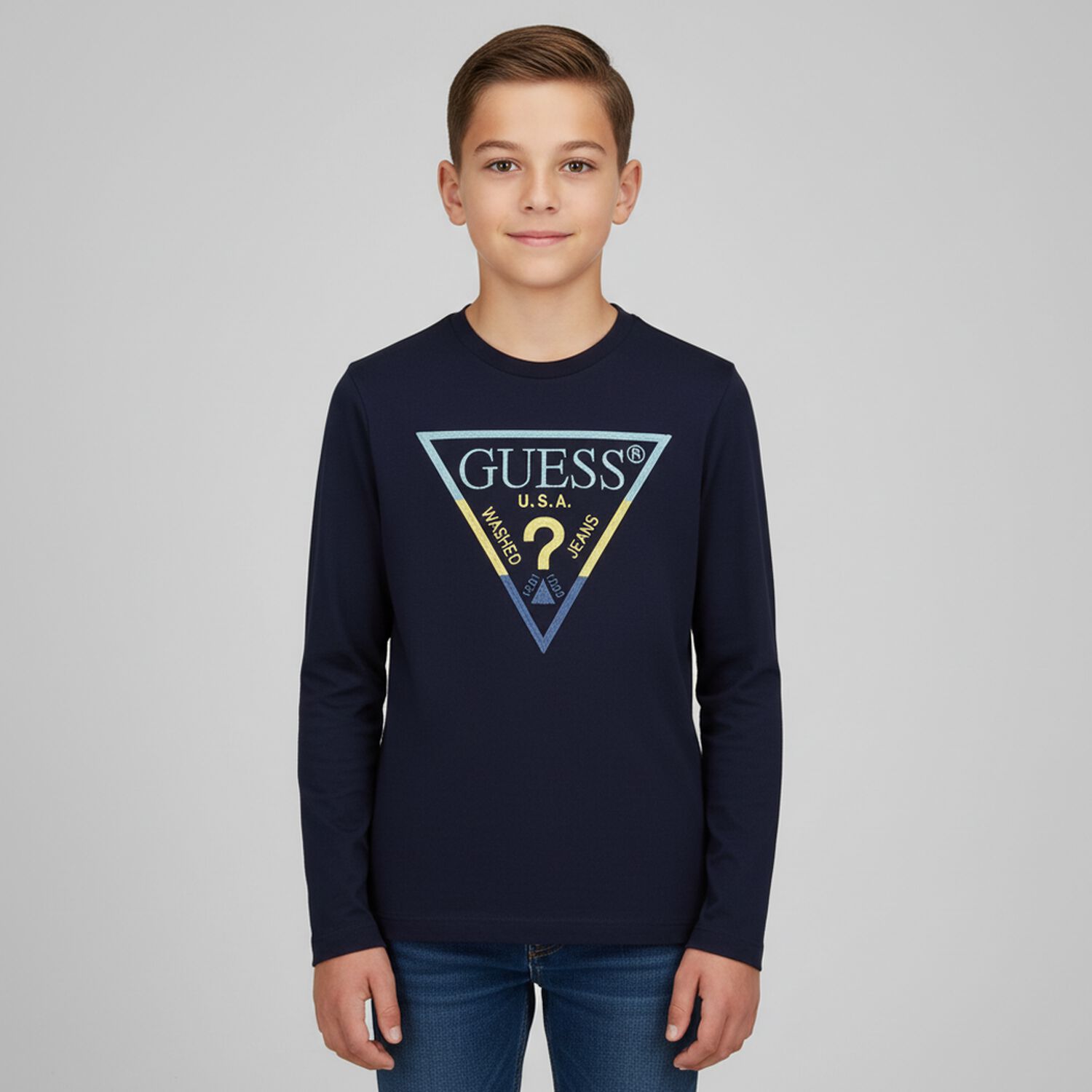 Boys Navy Blue Logo Long Sleeve Top, 2, hi-res image number null