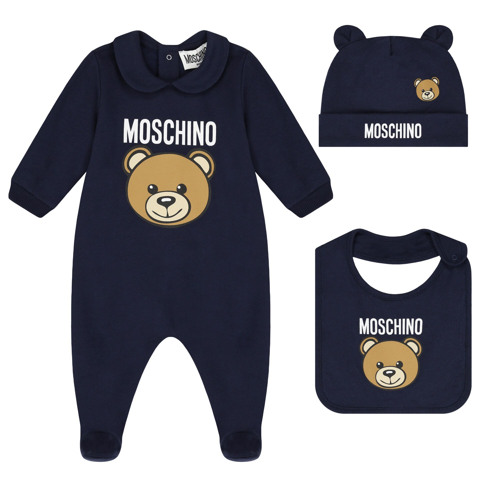 Moschino Navy Blue Teddy Bear Logo Babygrow Gift Set Junior Couture UK