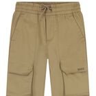 Boys Beige Logo Trousers, 1, hi-res