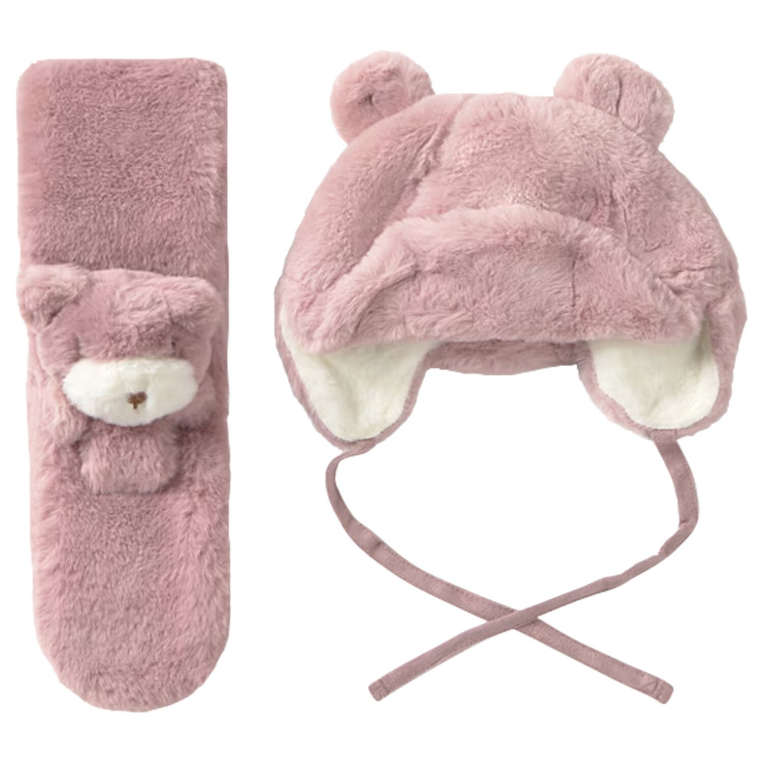 Younger Girls Pink Faux Fur Bear Hat & Scarf Set , 1, hi-res