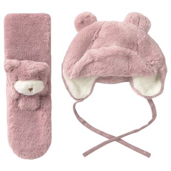 Younger Girls Pink Faux Fur Bear Hat & Scarf Set 