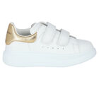 White & Gold Logo Trainers, 1, hi-res