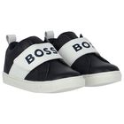 Boys Navy Blue & White Logo Trainers, 2, hi-res