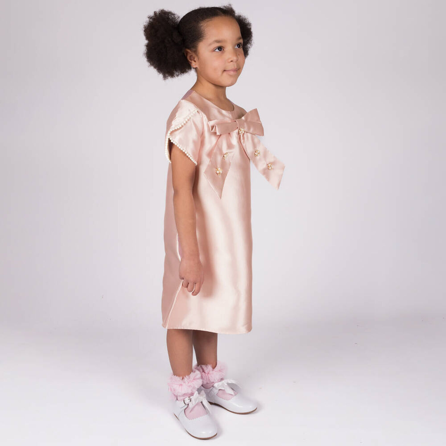 Girls Pink Satin & Pearl Dress, 1, hi-res image number null